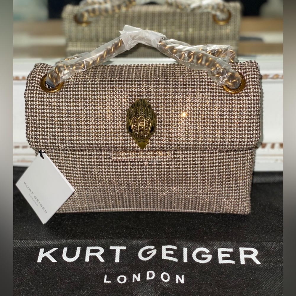 Kurt Geiger London Mini Kensington Tweed Dark Beige Crossbody Bag - Picture 4 of 8